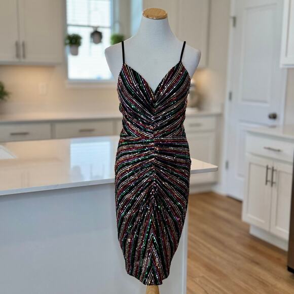 Dress the Population | NWT Viviane Rainbow Sequin Ruched Mini Dress - Picture 2 of 8